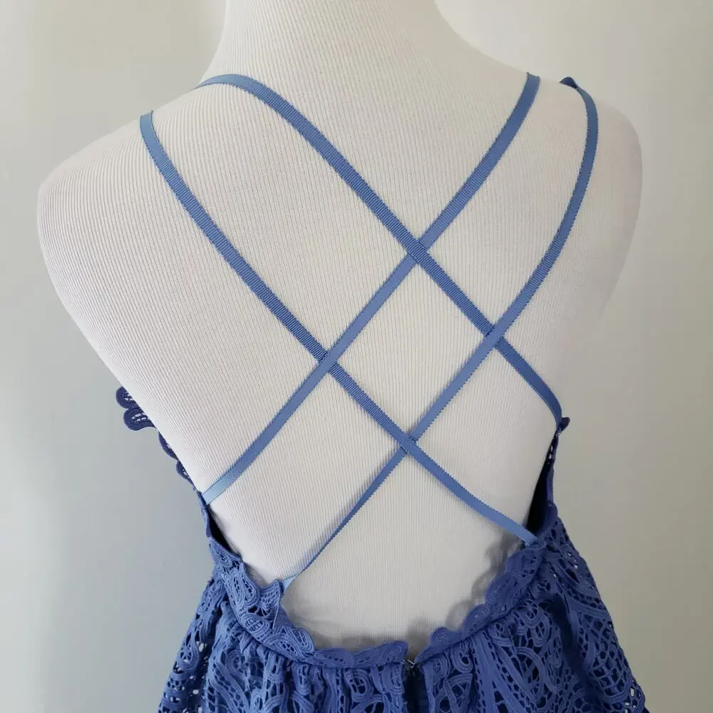 NEW self-portrait Lace Peplum Dress Blue Plunging Neck Revolve Women 2 - Picture 7 of 15